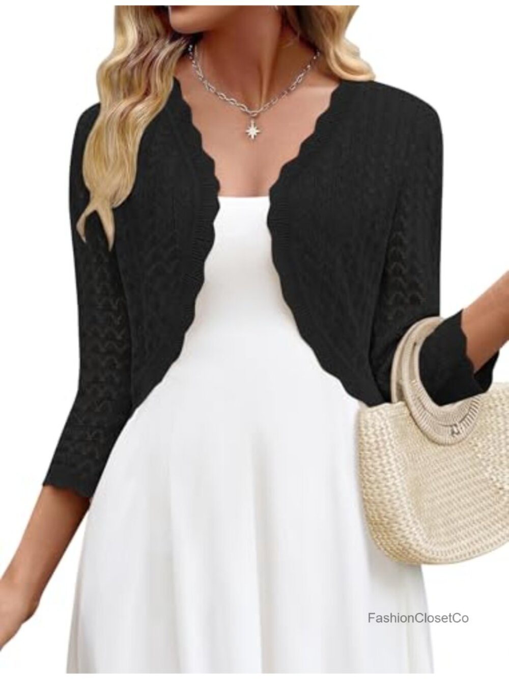 Crochet Bolero Shrug Cropped Cardigan 3/4 Sleeve Lightweight Summer Womens